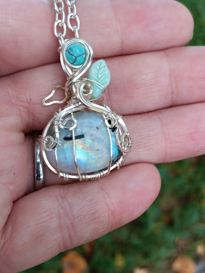 Rainbow Moonstone and Turquoise Pumpkin Pendant