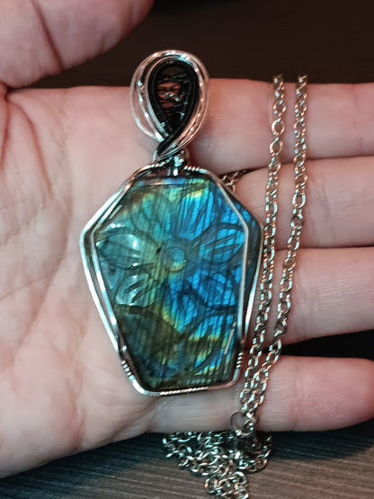 Carved Flower Labradorite Coffin Pendant