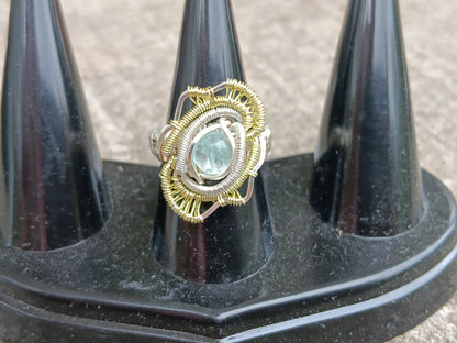 Anemone ring,  Aquamarine Silver and Champaign Gold Ring size 6