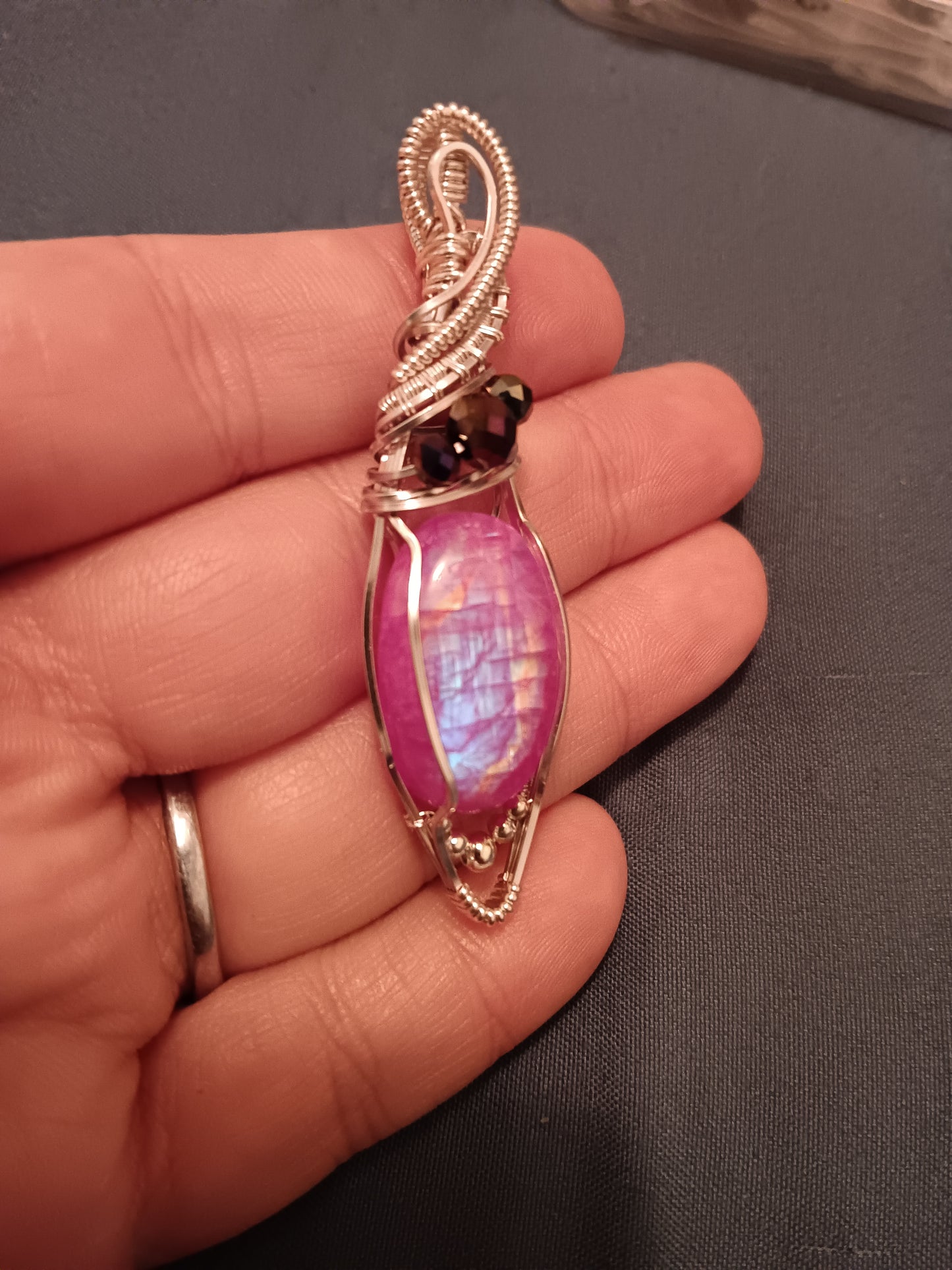 Purple Rainbow Moonstone w/ Titanium and Silver Wire Pendant