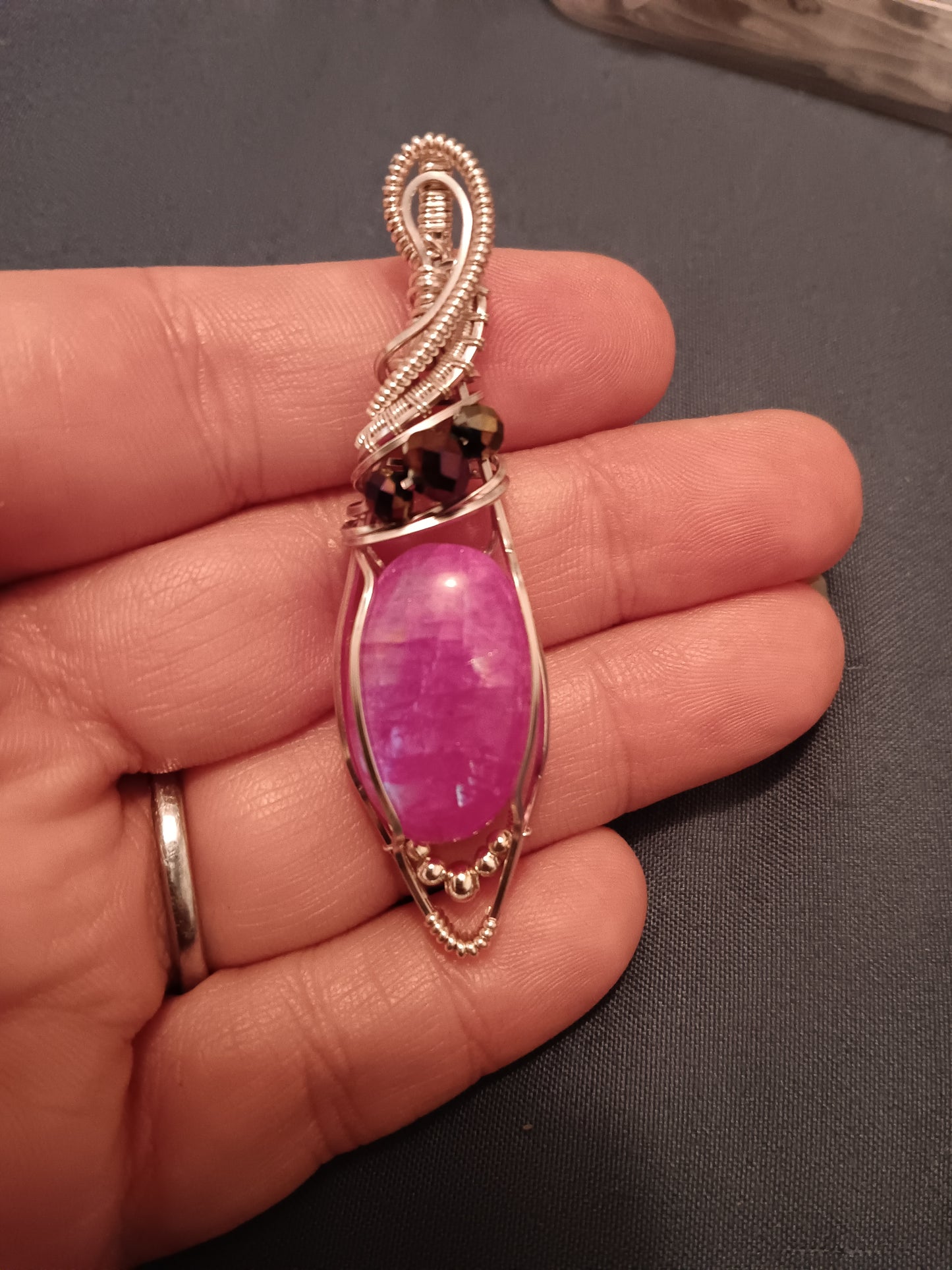 Purple Rainbow Moonstone w/ Titanium and Silver Wire Pendant