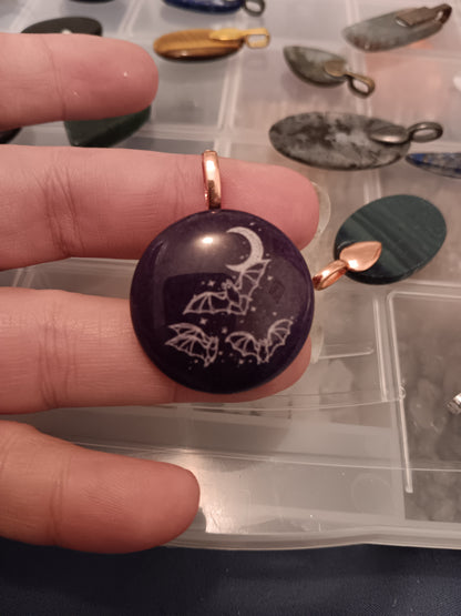 Flying Bats Moon Engraved Purple Jade Simple Bail Pendant