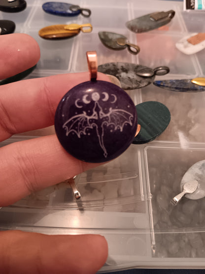 Dragon Moon Phase Engraved Purple Jade Simple Bail Pendant