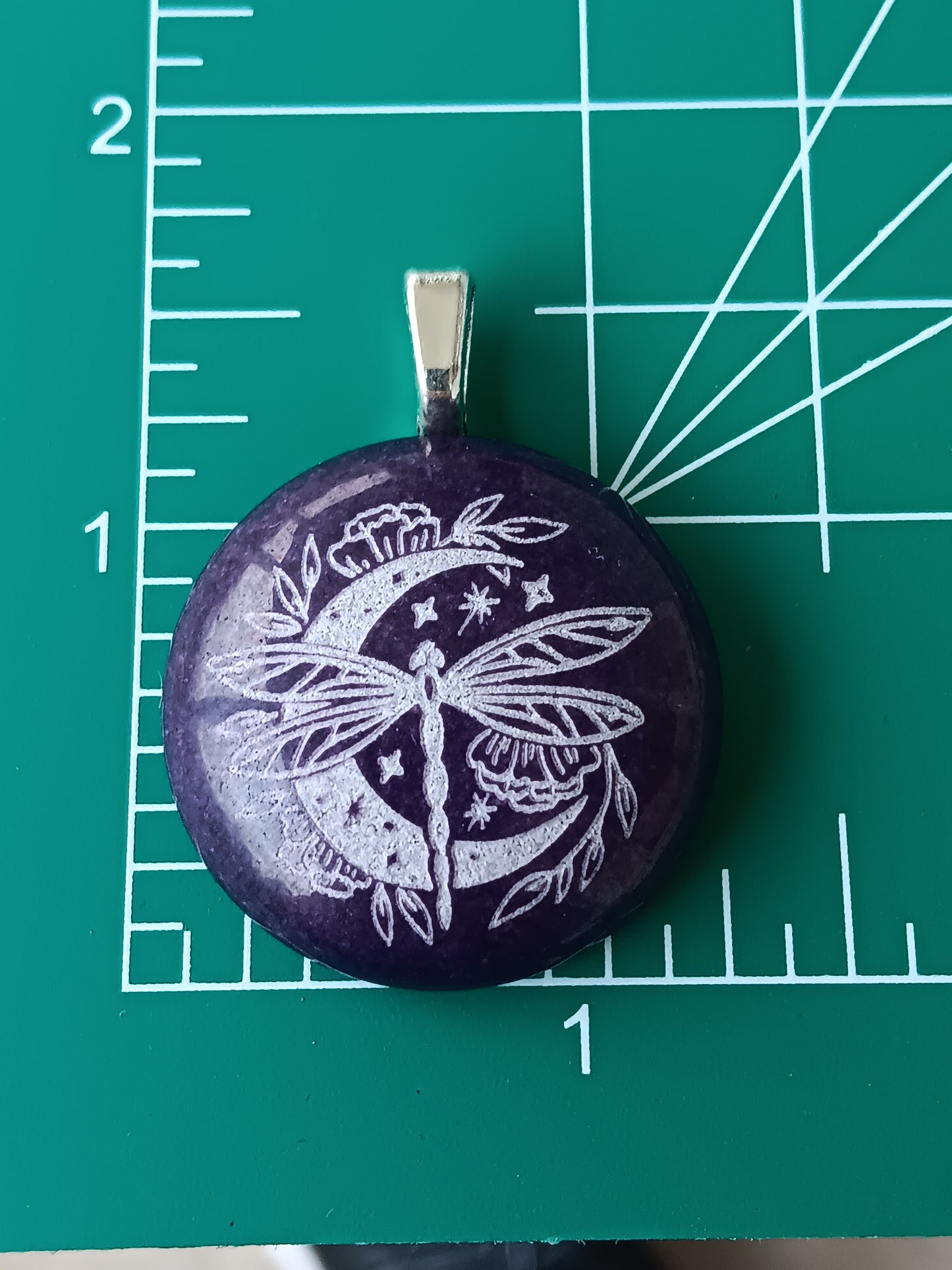 Dragonfly Moon Engraved Purple Jade Simple Bail Pendant