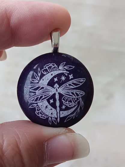 Dragonfly Moon Engraved Purple Jade Simple Bail Pendant