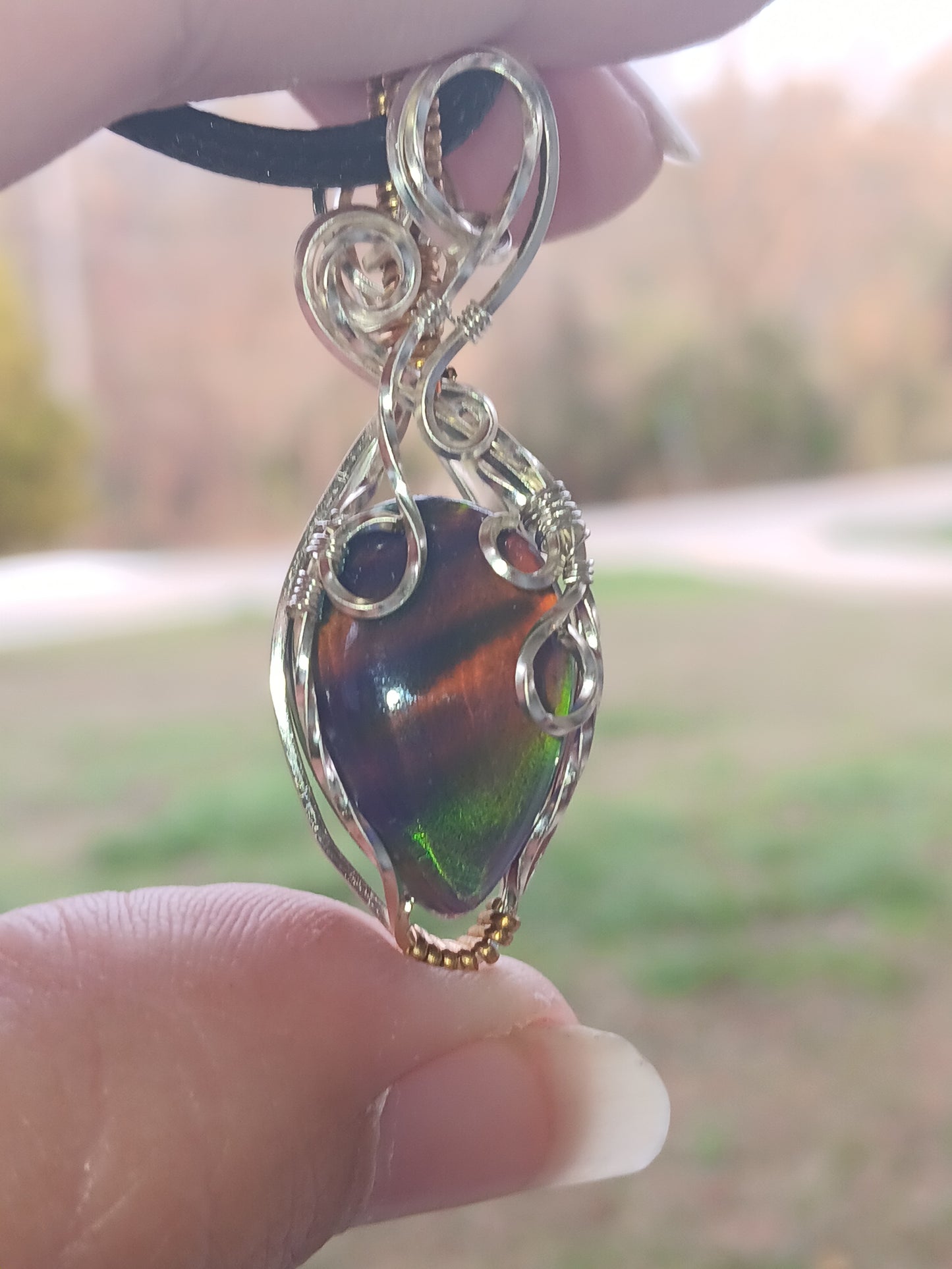 Blue/Purple Aurora Opal Mixed Metals Wire Wrapped Pendant