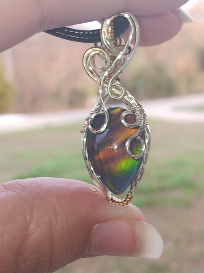 Blue/Purple Aurora Opal Mixed Metals Wire Wrapped Pendant