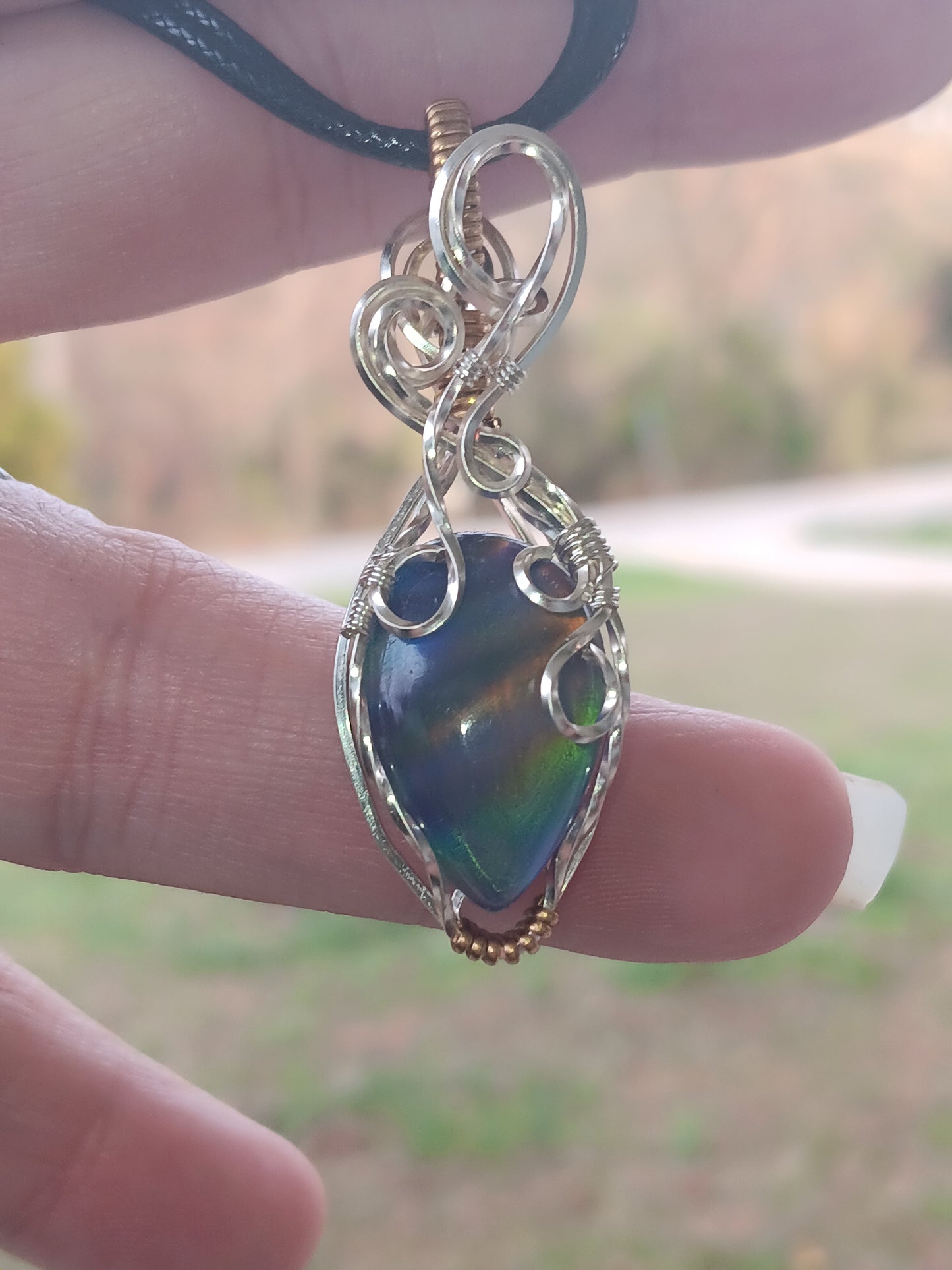 Blue/Purple Aurora Opal Mixed Metals Wire Wrapped Pendant