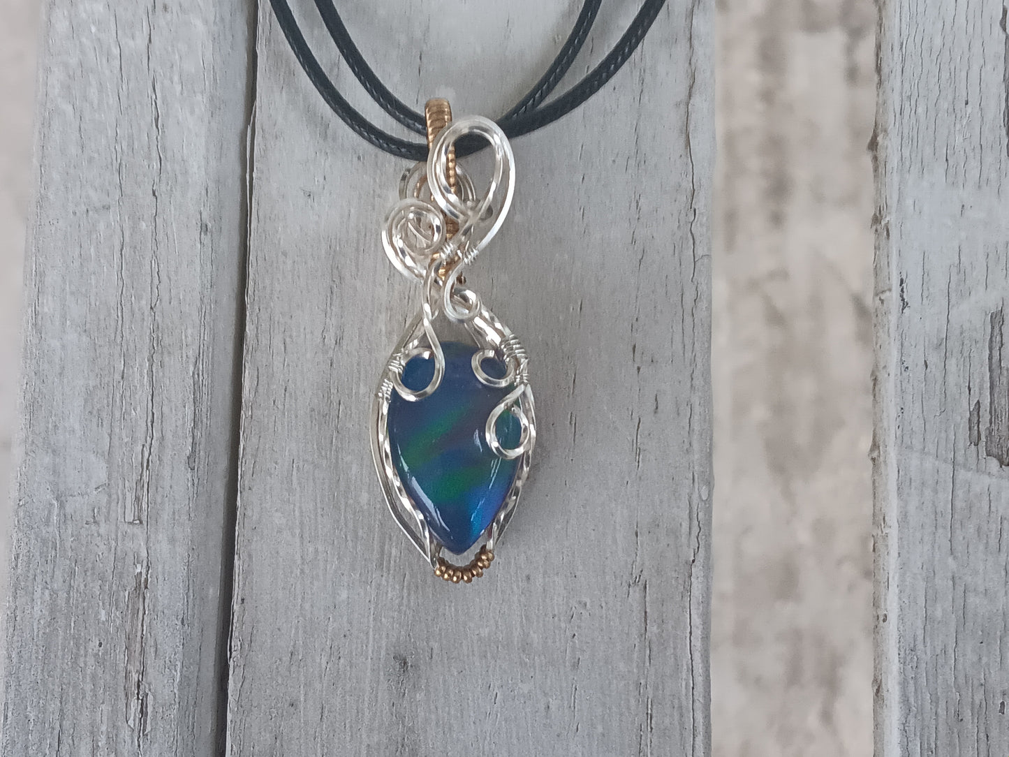 Blue/Purple Aurora Opal Mixed Metals Wire Wrapped Pendant