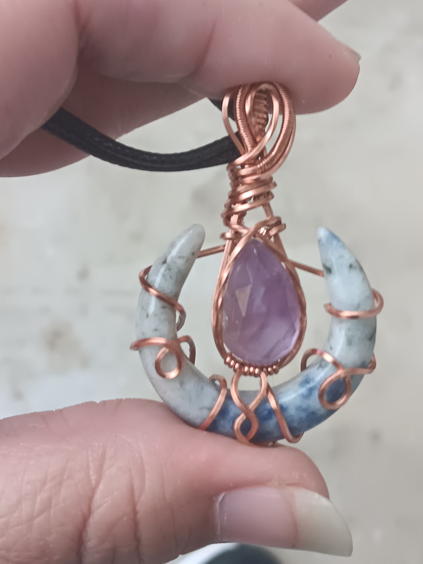 Mother Of Pearl Doublet and Sodalite Double Horn Crescent Copper Pendant