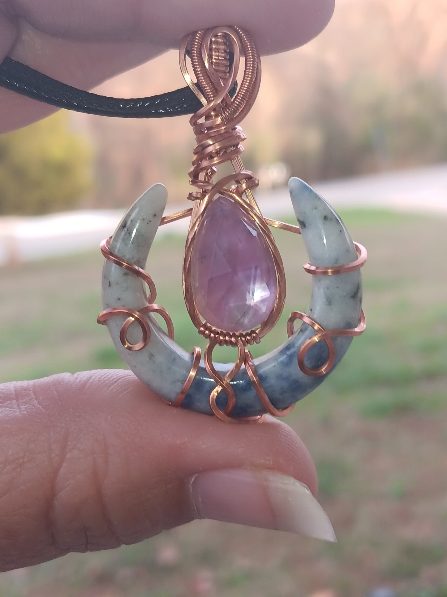 Mother Of Pearl Doublet and Sodalite Double Horn Crescent Copper Pendant