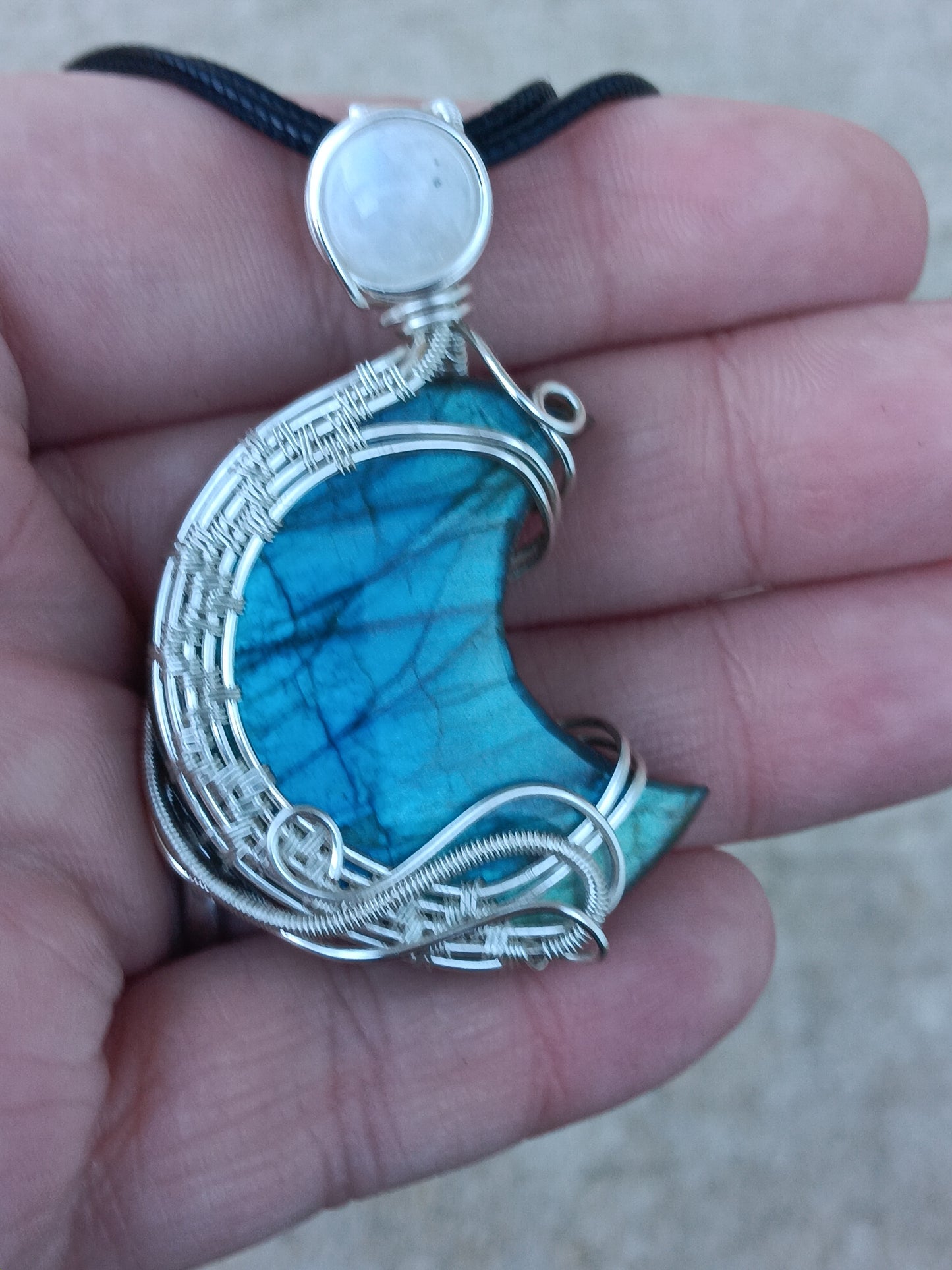 Labradorite Crescent w/ Rainbow Moonstone Pendant