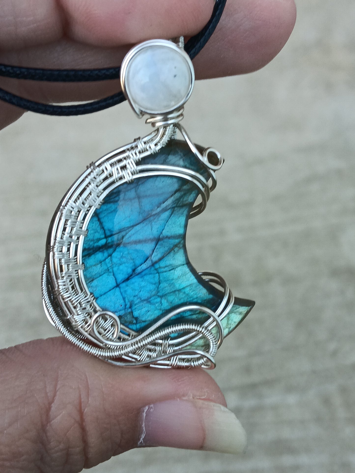 Labradorite Crescent w/ Rainbow Moonstone Pendant