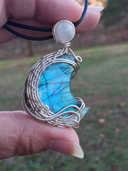 Labradorite Crescent w/ Rainbow Moonstone Pendant