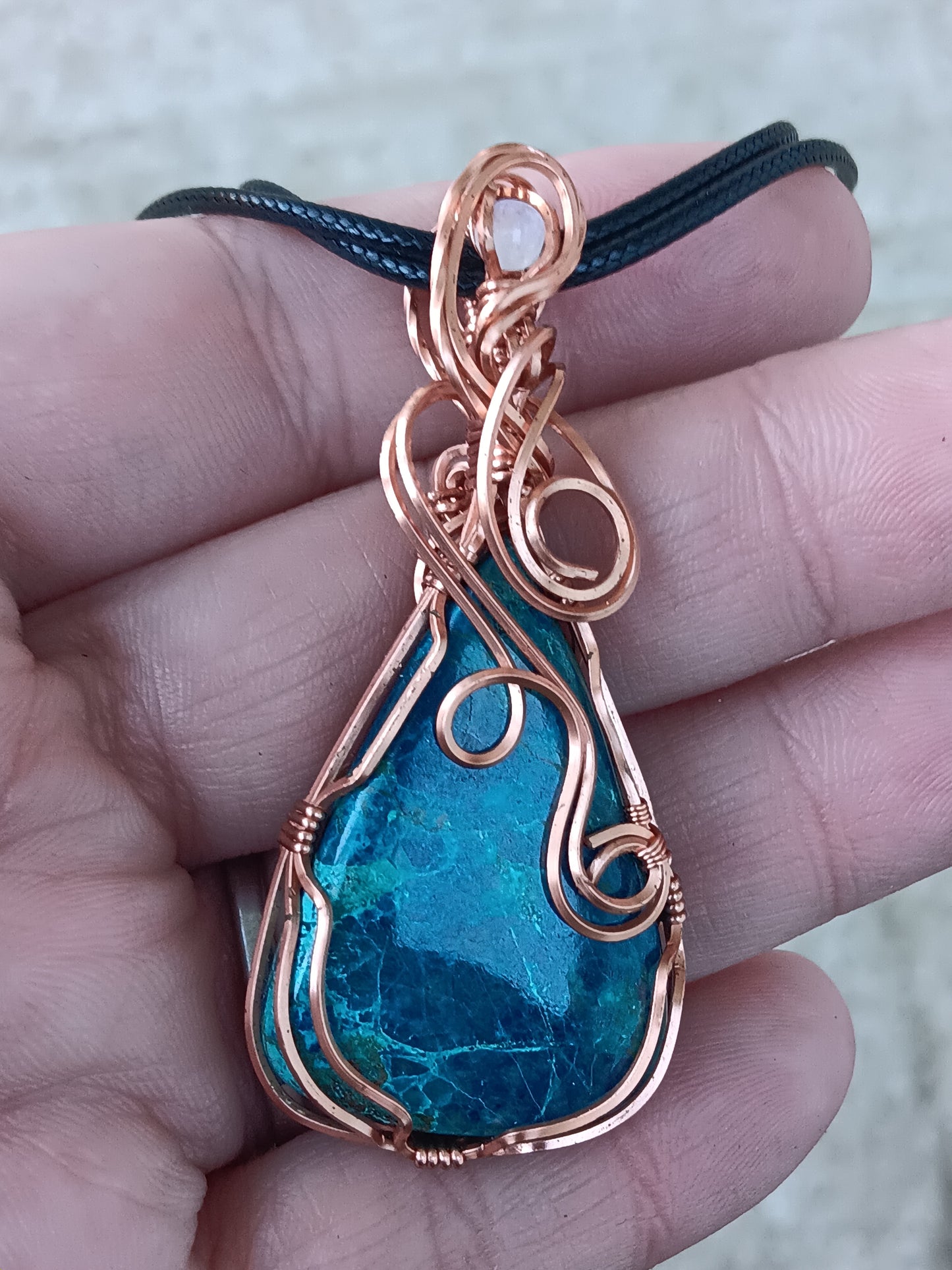 Shattuckite Pendant with Rainbow Moonstone Accent