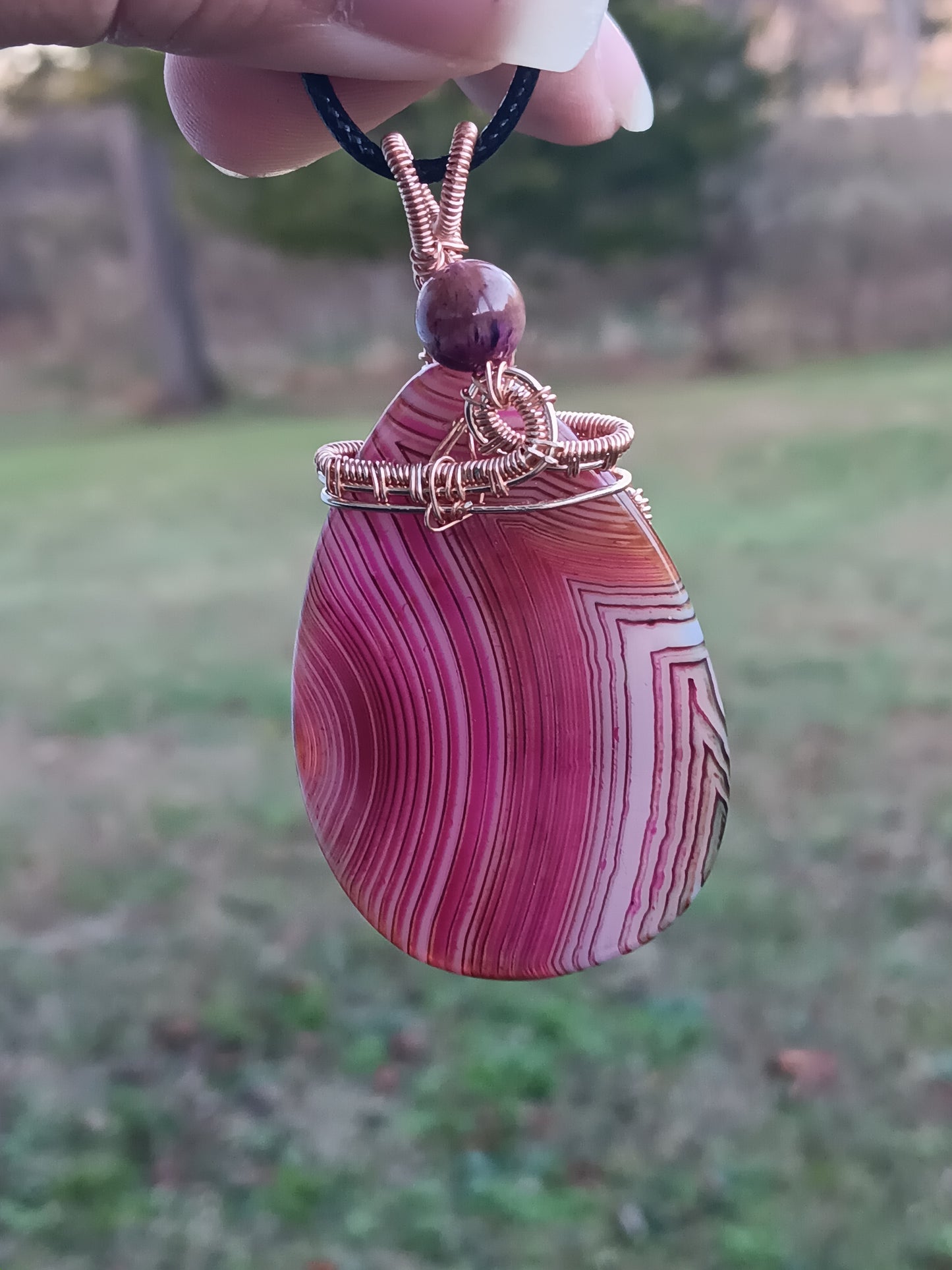 Pink Banded Agate w/ Purple Tigers Eye Rose Gold Pendant