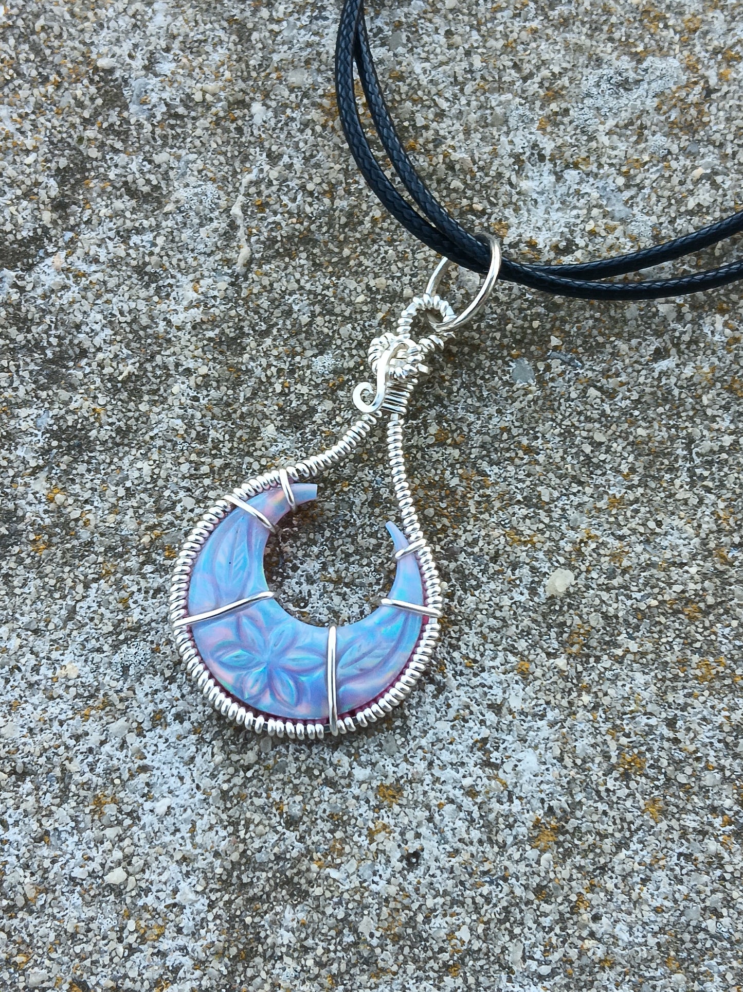 Carved Flower Aurora Opal Crescent Pendant