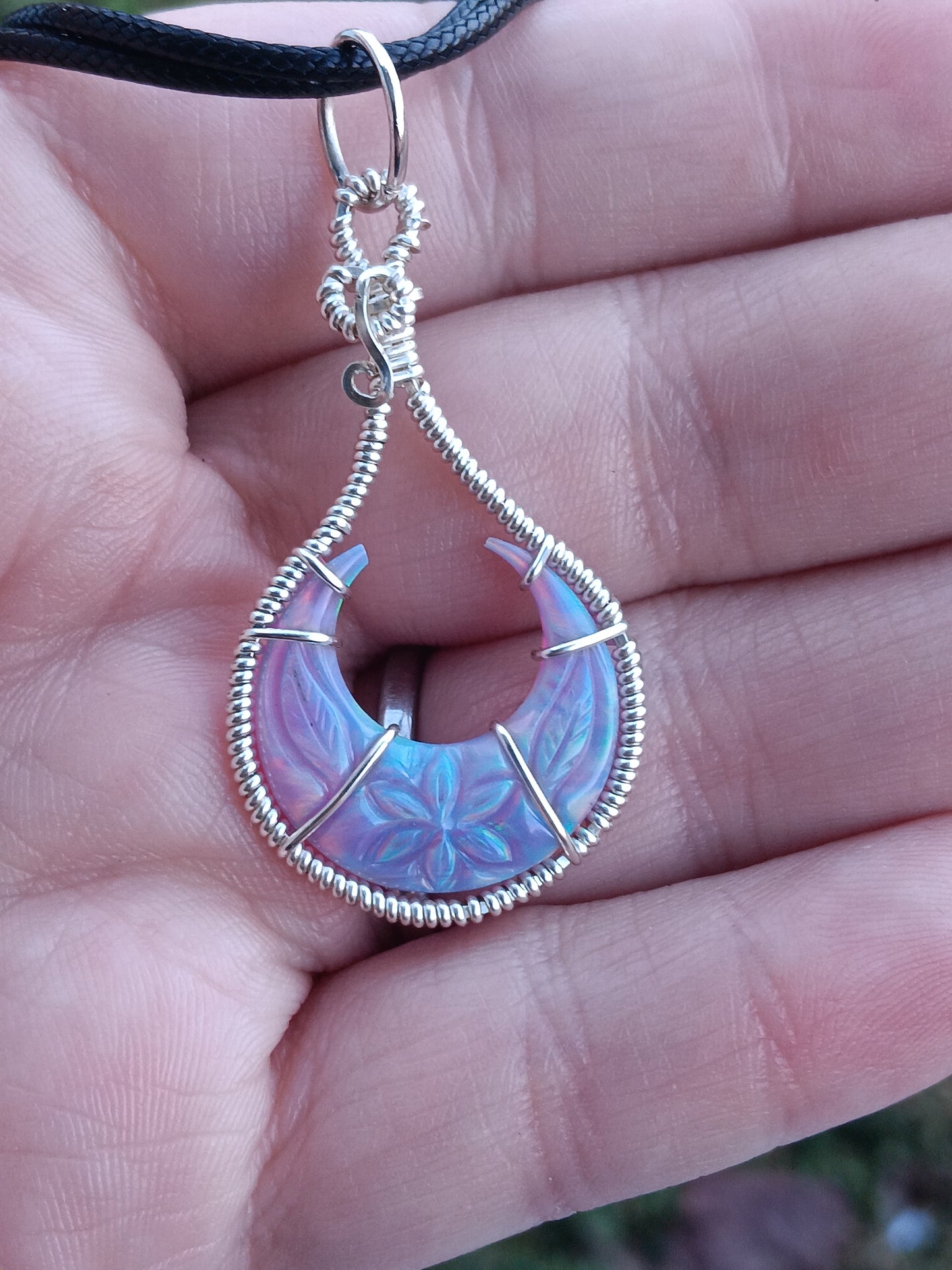 Carved Flower Aurora Opal Crescent Pendant