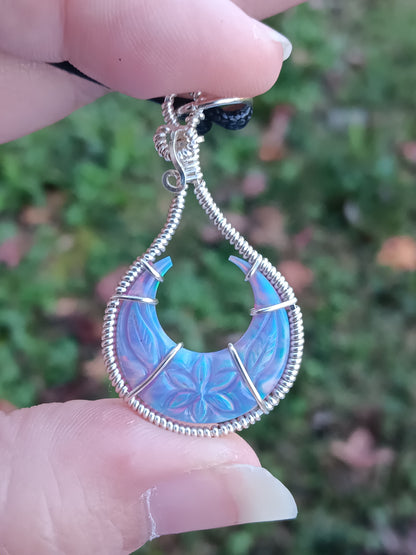 Carved Flower Aurora Opal Crescent Pendant