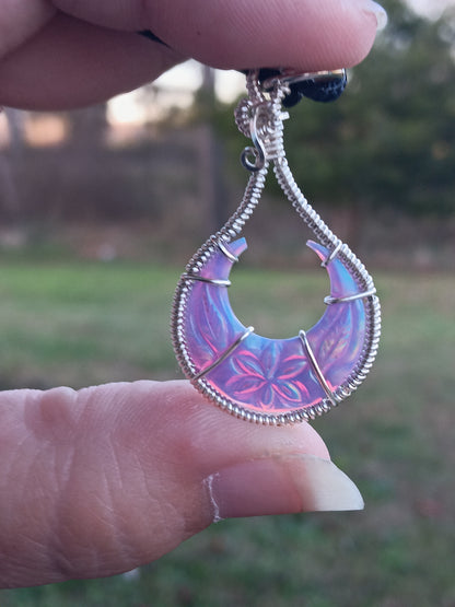 Carved Flower Aurora Opal Crescent Pendant