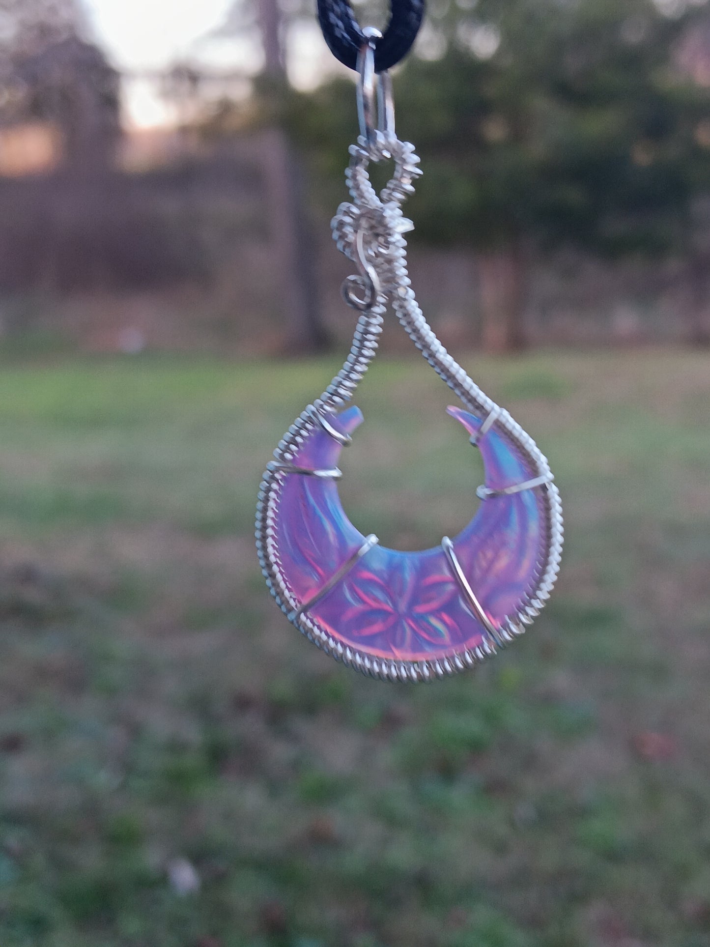 Carved Flower Aurora Opal Crescent Pendant