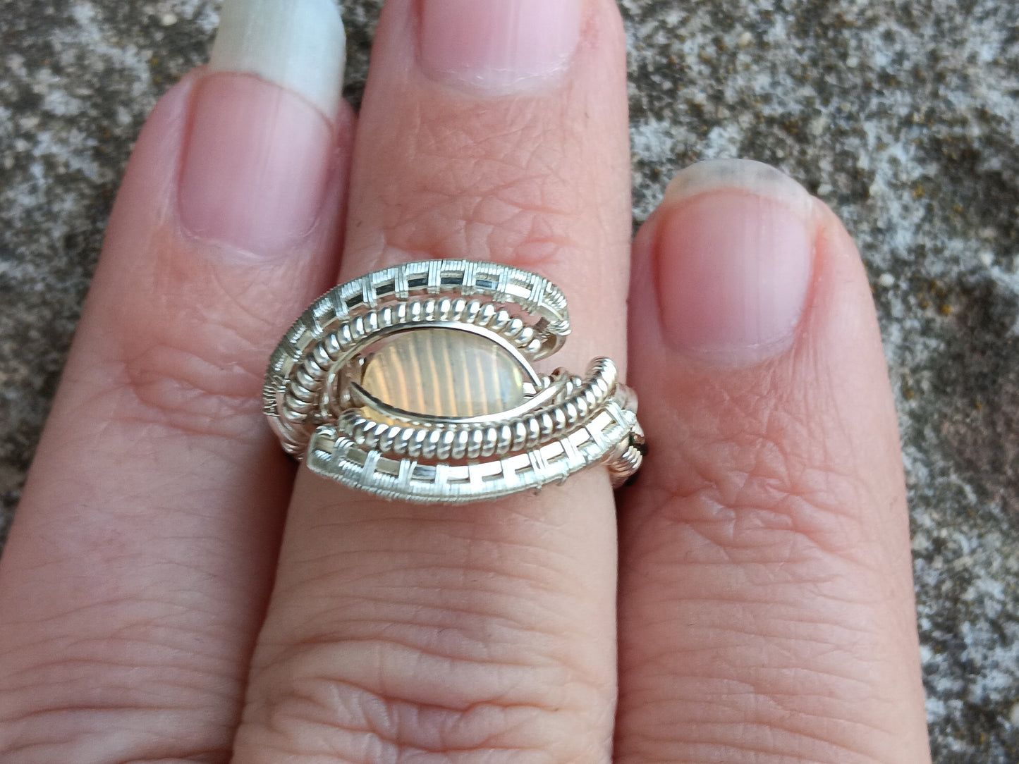 Basket Case, Ethiopian Opal Silver and Black Wire Woven ring size 7.5