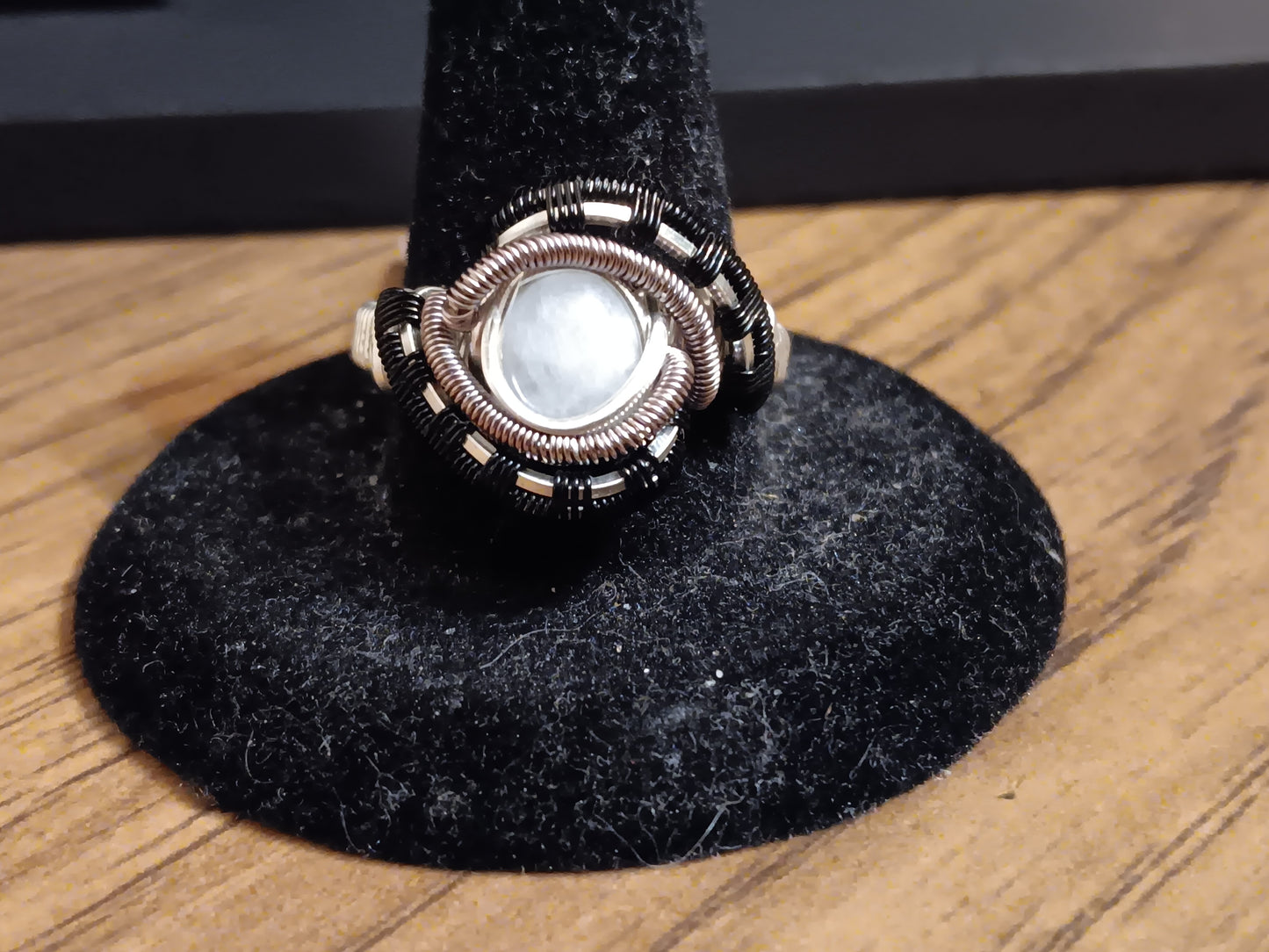 Eyes Wide Open, Rainbow Moonstone Mixed Metals Woven Ring size 8