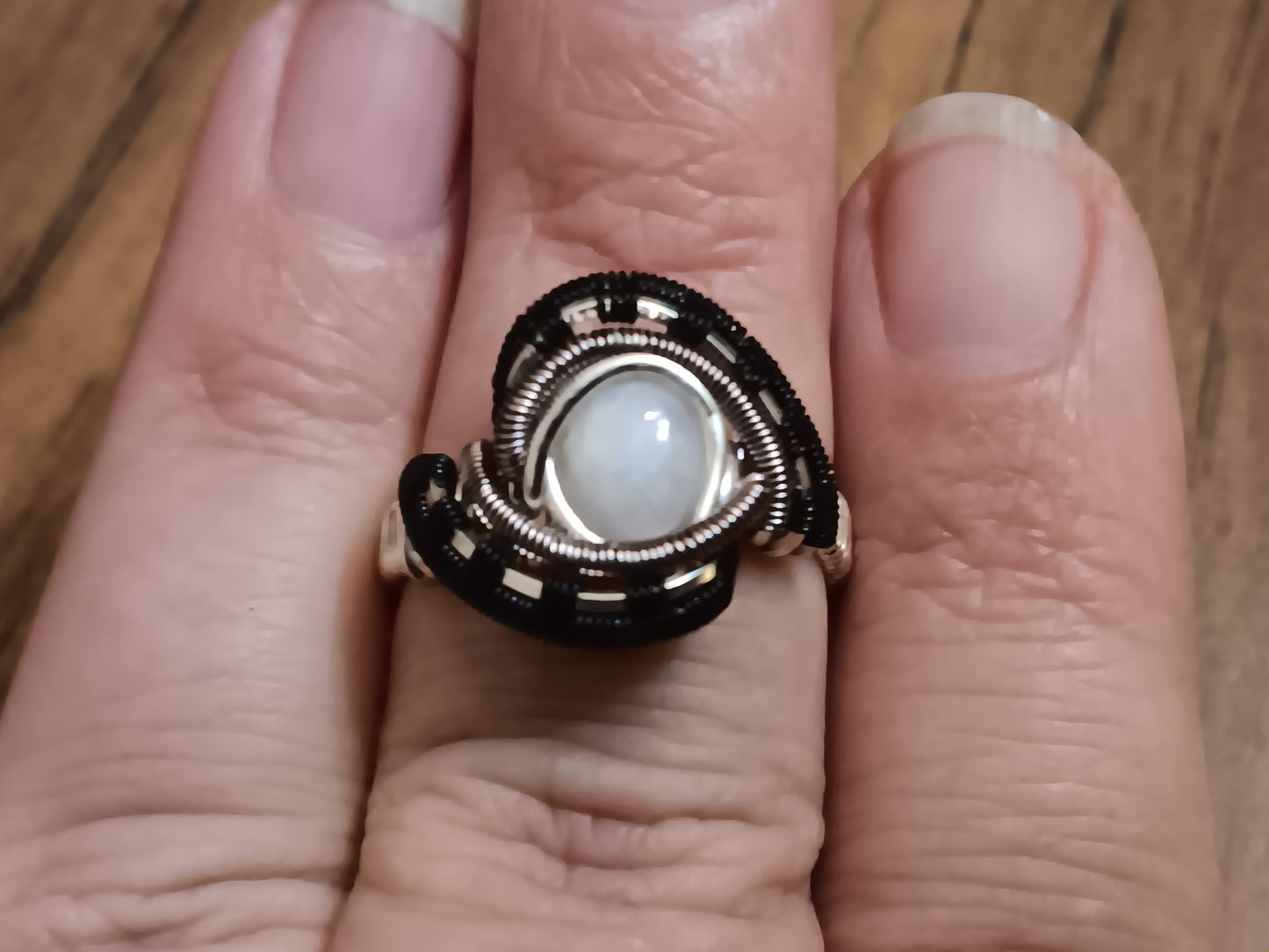 Eyes Wide Open, Rainbow Moonstone Mixed Metals Woven Ring size 8