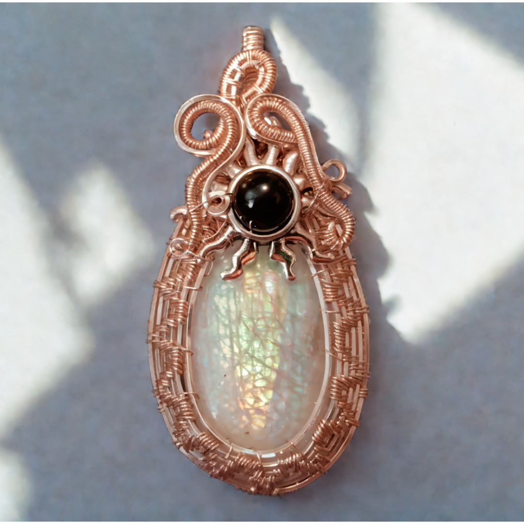 Rainbow Moonstone and Rainbow Obsidian Wire Woven Pendant