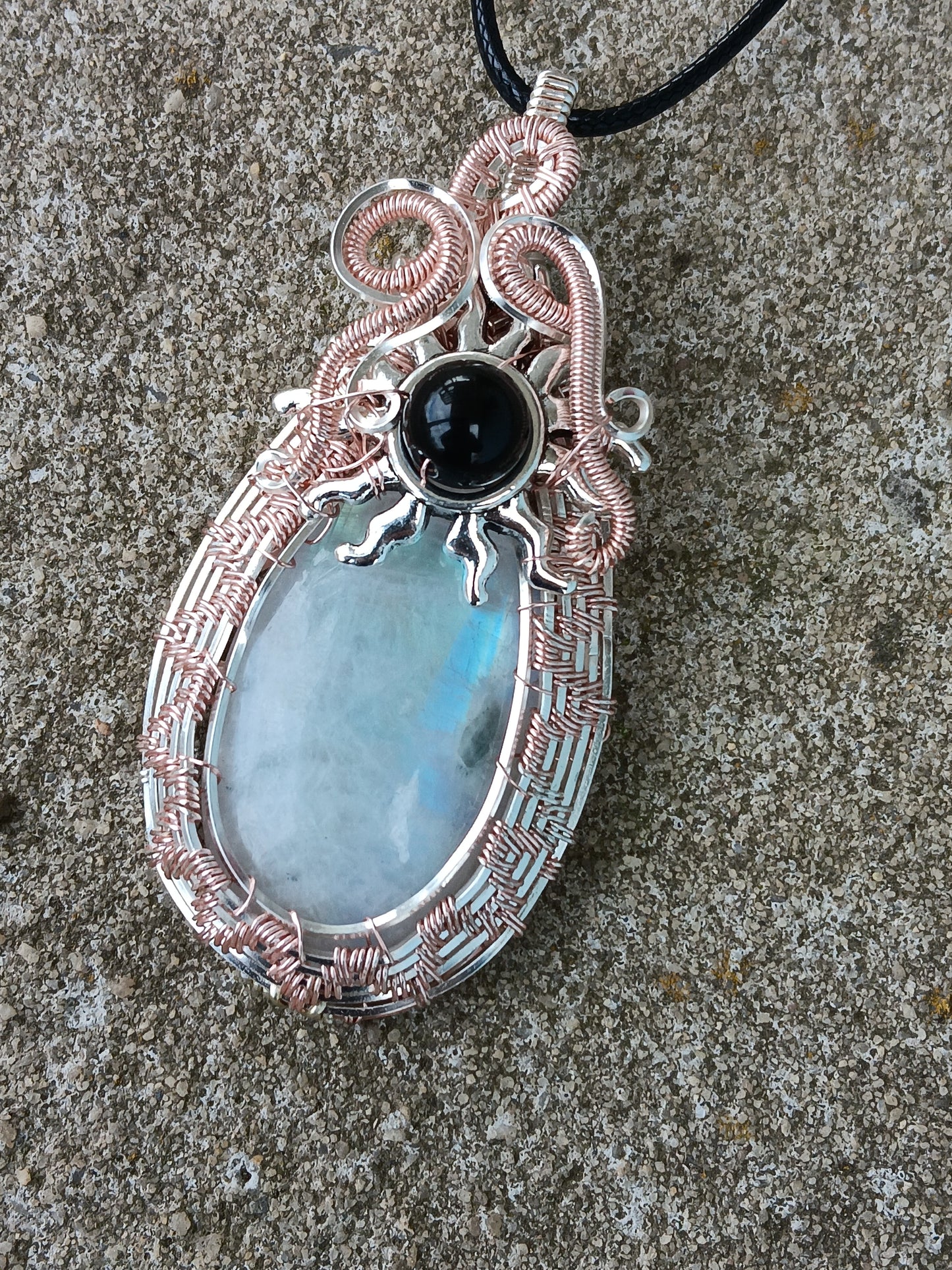 Rainbow Moonstone and Rainbow Obsidian Wire Woven Pendant