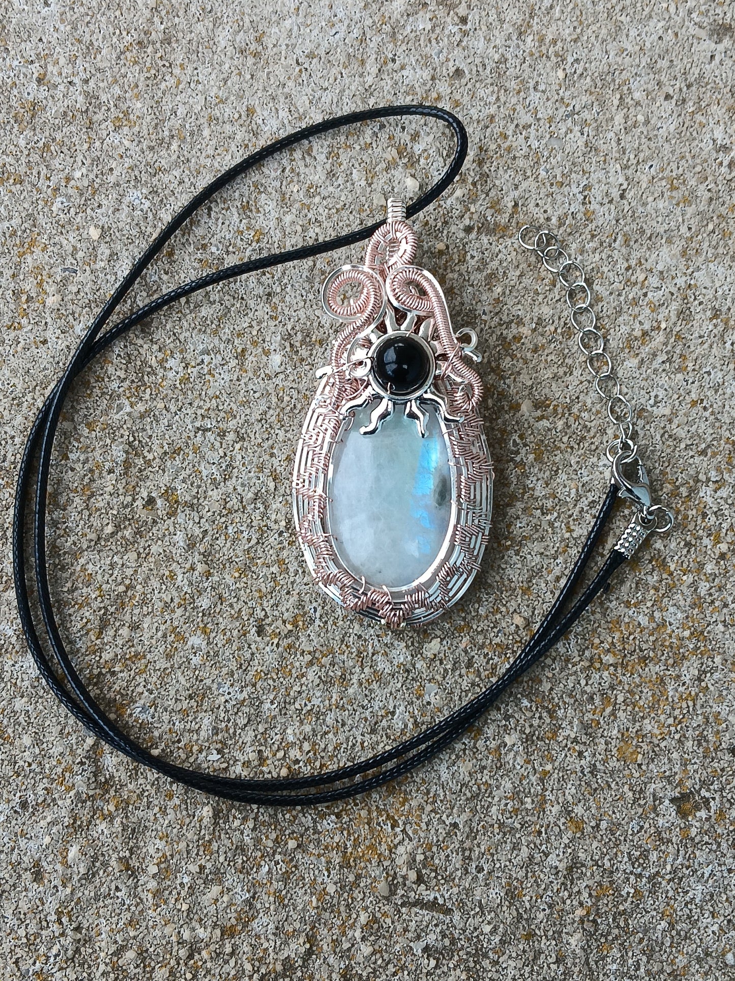 Rainbow Moonstone and Rainbow Obsidian Wire Woven Pendant