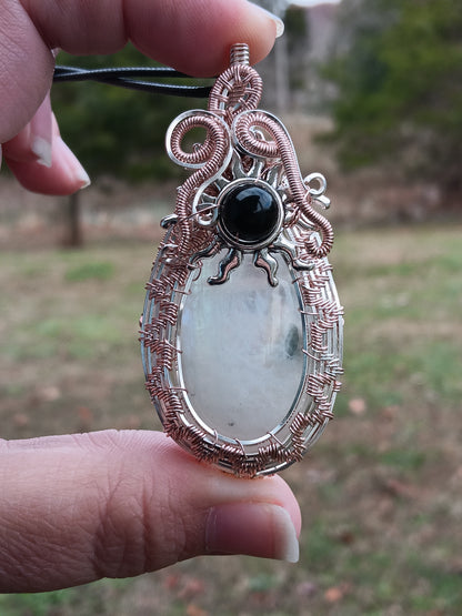 Rainbow Moonstone and Rainbow Obsidian Wire Woven Pendant