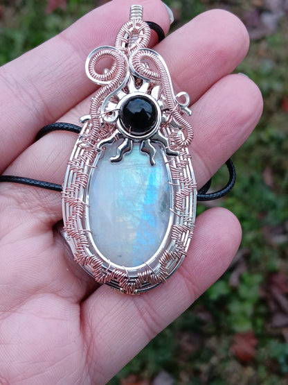 Rainbow Moonstone and Rainbow Obsidian Wire Woven Pendant