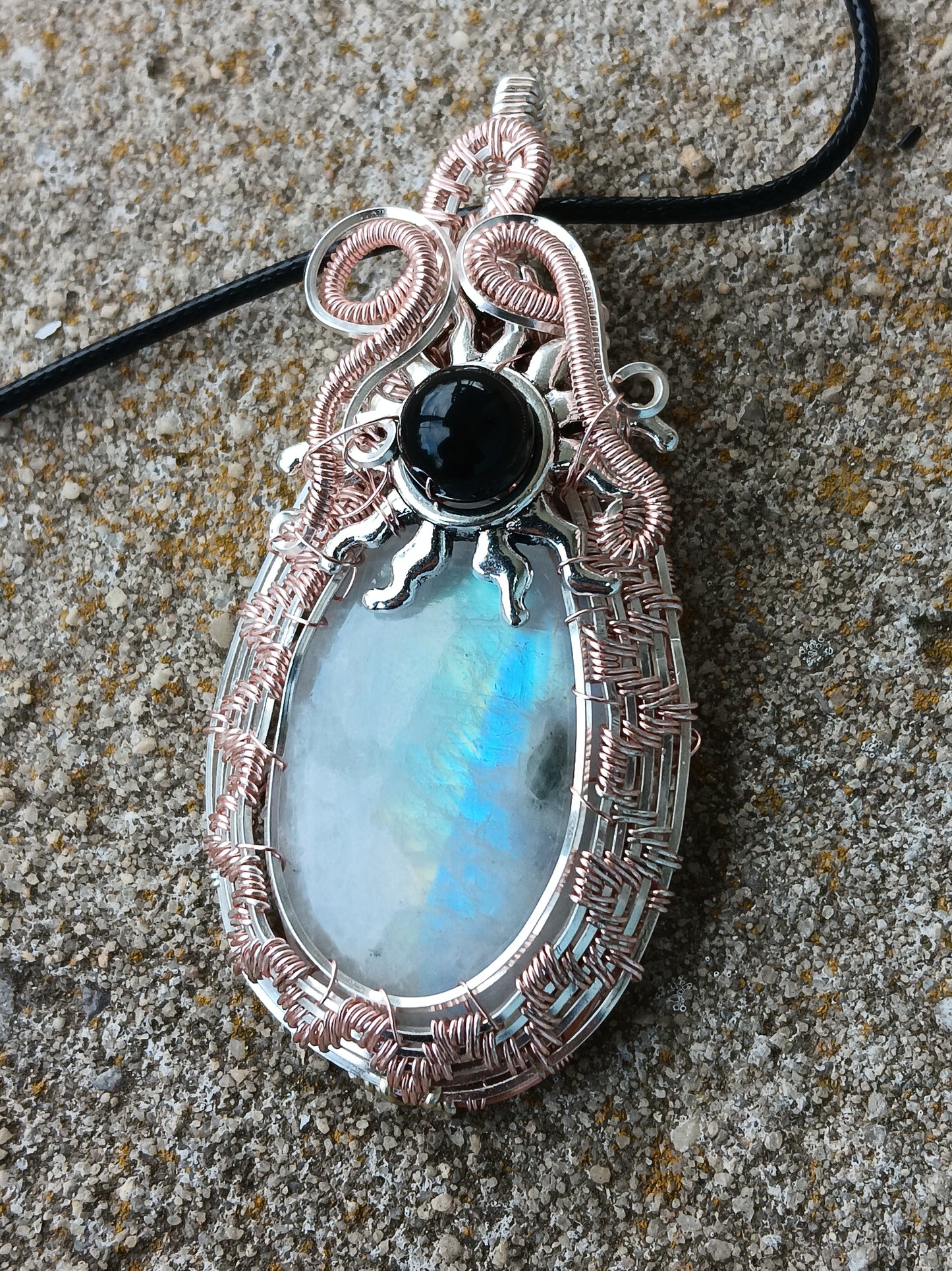 Rainbow Moonstone and Rainbow Obsidian Wire Woven Pendant