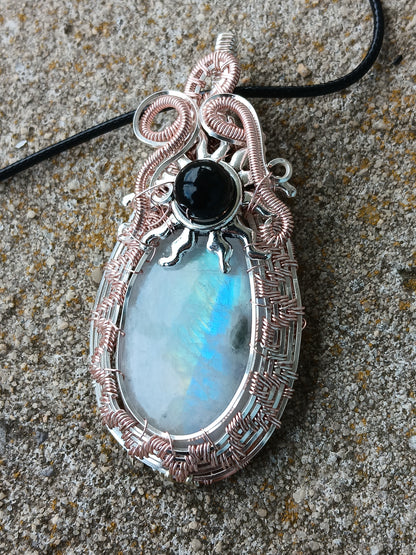 Rainbow Moonstone and Rainbow Obsidian Wire Woven Pendant