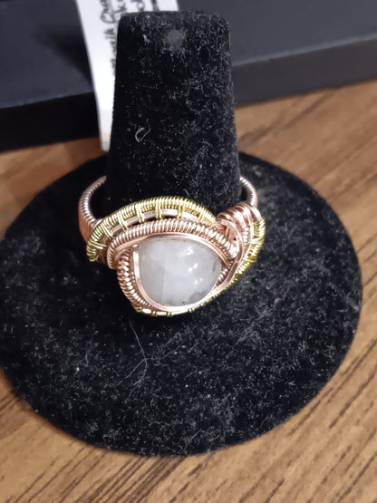 Athena, Rainbow Moonstone with Rose Gold and Champaign Gold Wire Woven Ring size 9