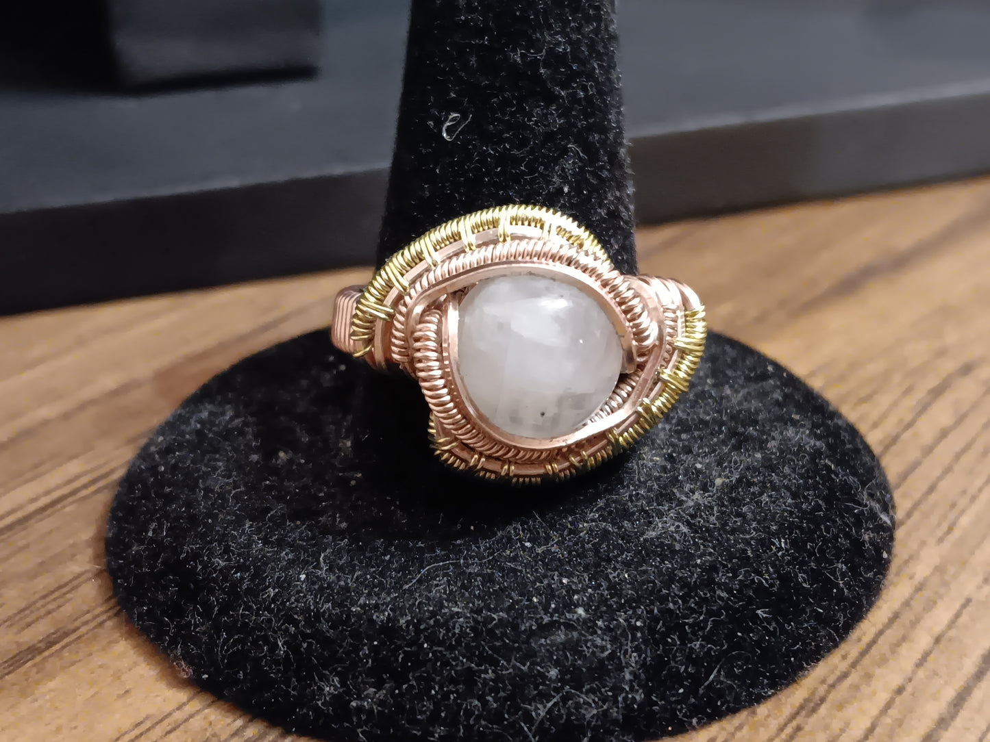 Athena, Rainbow Moonstone with Rose Gold and Champaign Gold Wire Woven Ring size 9