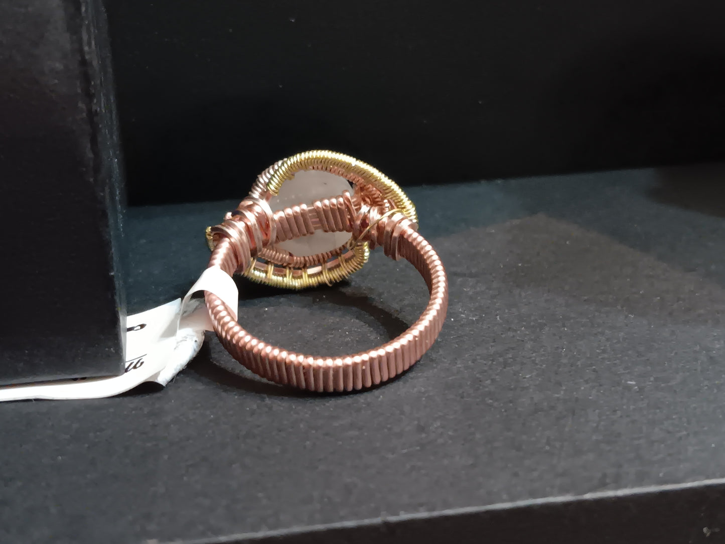 Athena, Rainbow Moonstone with Rose Gold and Champaign Gold Wire Woven Ring size 9