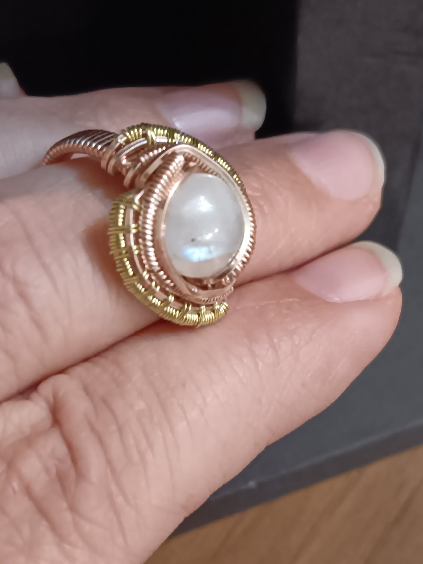 Athena, Rainbow Moonstone with Rose Gold and Champaign Gold Wire Woven Ring size 9