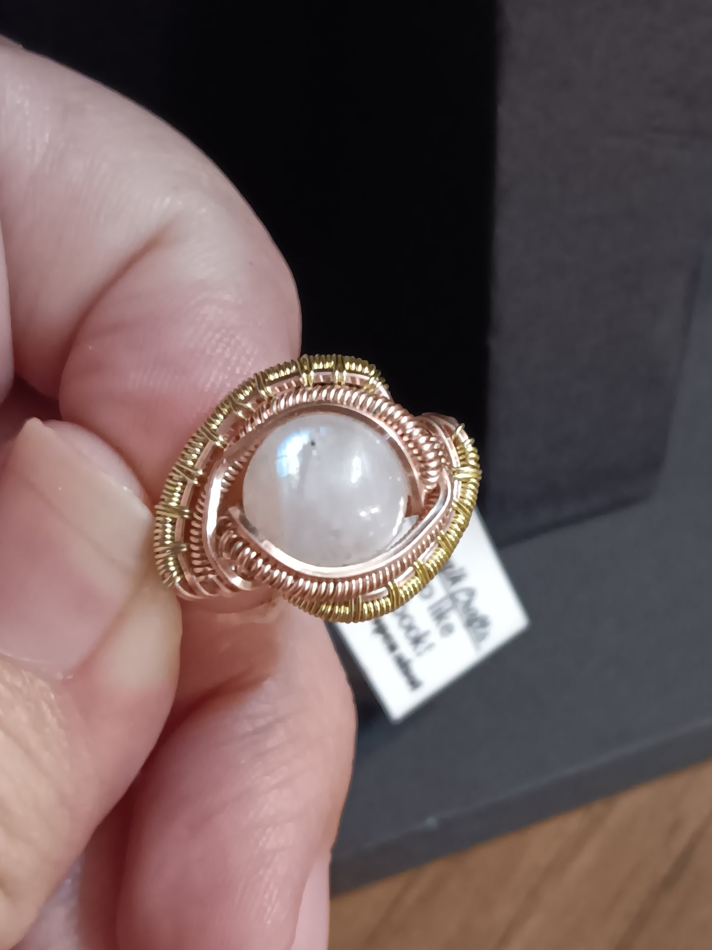 Athena, Rainbow Moonstone with Rose Gold and Champaign Gold Wire Woven Ring size 9