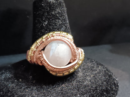 Athena, Rainbow Moonstone with Rose Gold and Champaign Gold Wire Woven Ring size 9