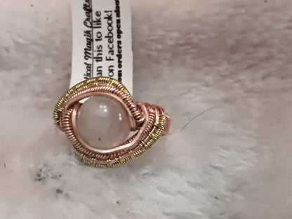 Athena, Rainbow Moonstone with Rose Gold and Champaign Gold Wire Woven Ring size 9