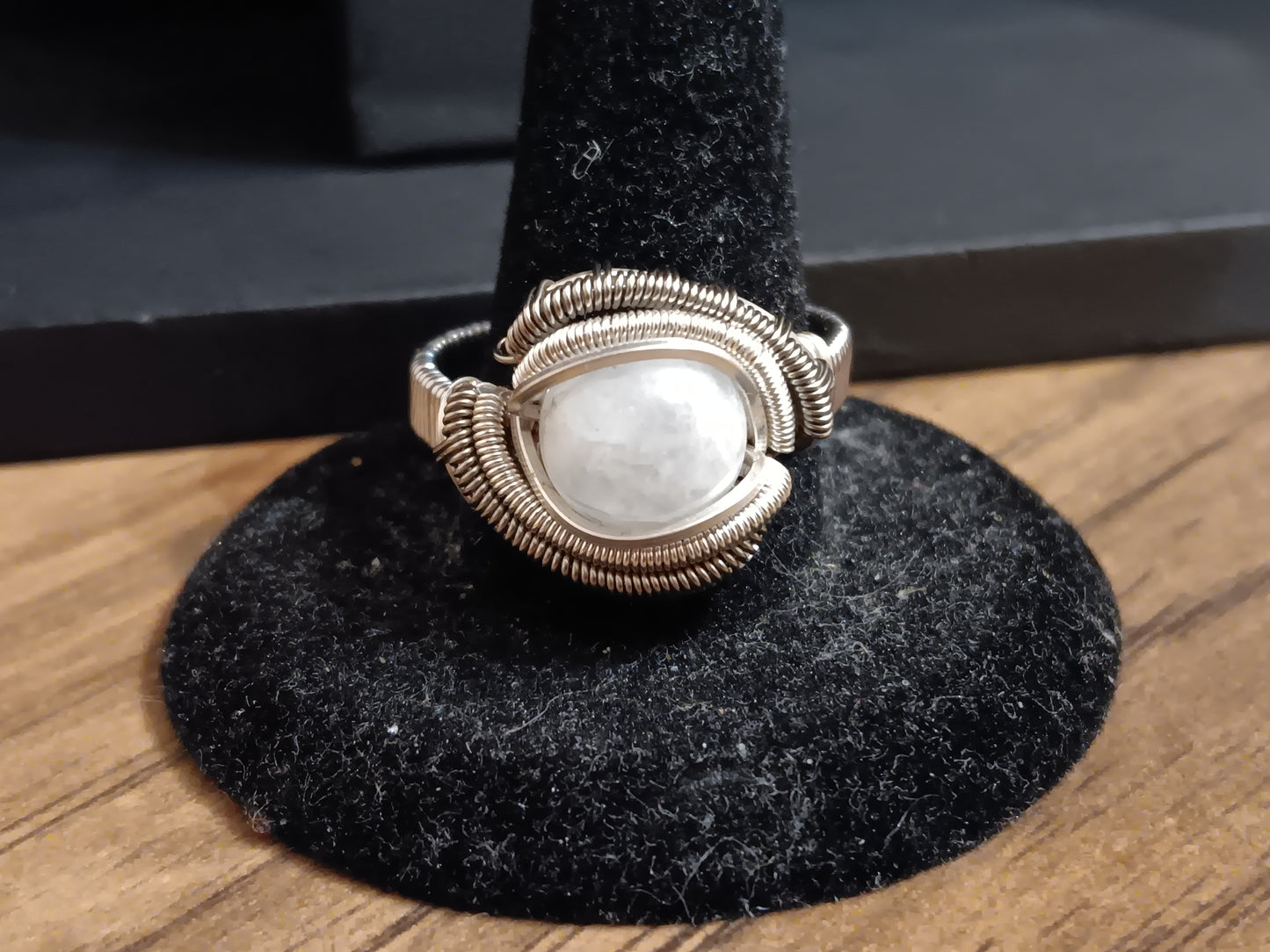 Titan, Rainbow Moonstone Titanium and Silver Wire Woven Ring size 11