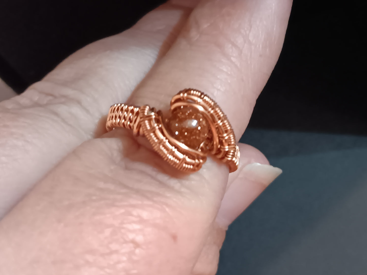 Little Glitter, Goldstone and Natural Copper Wire Woven Ring size 8.5