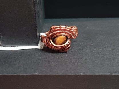 Eye Of The Tiger, Tigers Eye and Natural Copper Wire Woven Ring size 6.5