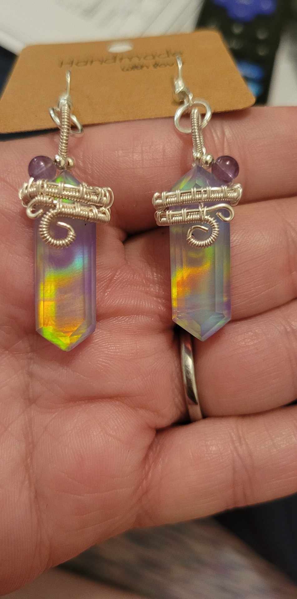 Aurora Opal Double Points and Amethyst Bead Silver Dangle Stainless Steel Earrings