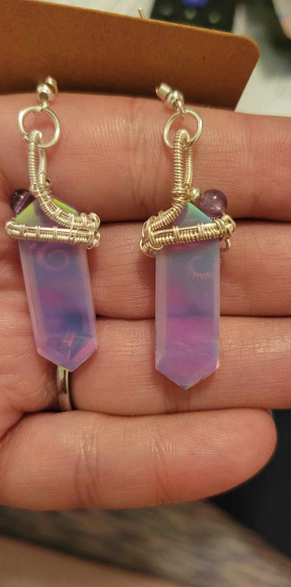 Aurora Opal Double Points and Amethyst Bead Silver Dangle Stainless Steel Earrings