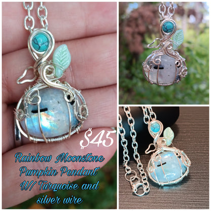 Rainbow Moonstone and Turquoise Pumpkin Pendant