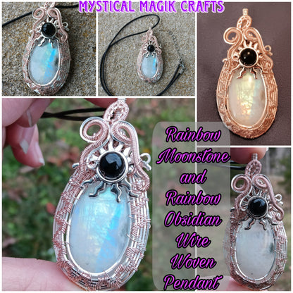 Rainbow Moonstone and Rainbow Obsidian Wire Woven Pendant