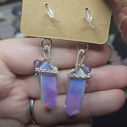 Aurora Opal Double Points and Amethyst Bead Silver Dangle Stainless Steel Earrings